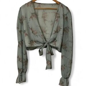 Sheer light weight Green floral tie-front top.